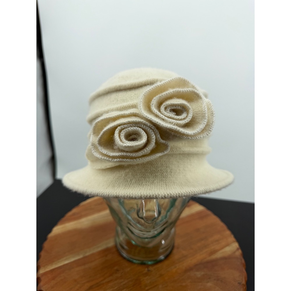 Lawliet Wool Cloche Bucket Hat Women One Size Cream Ivory Rosette Flower Vintage